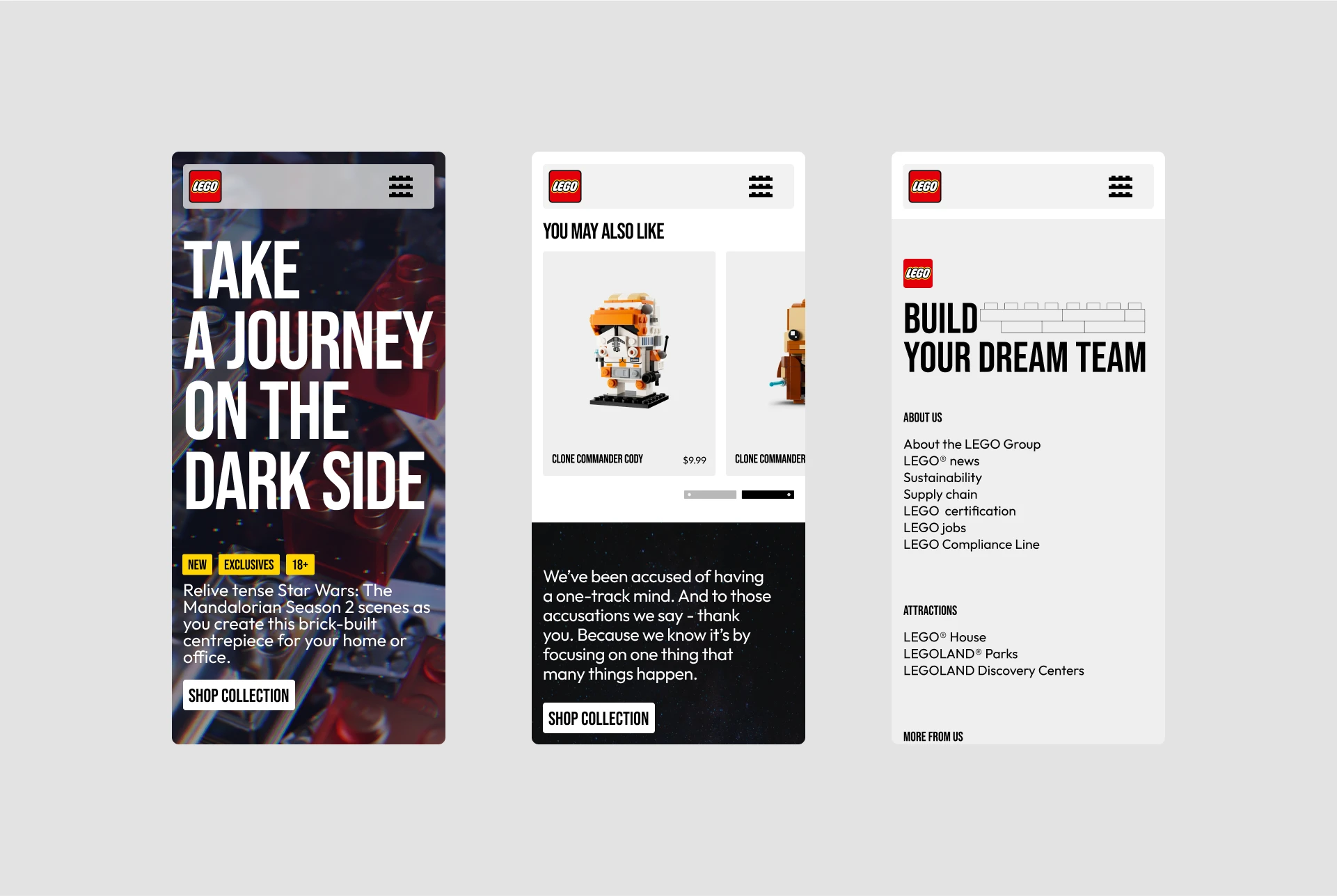 The component set: one collection block at three type sizes, product cards, a product detail panel, quantity steppers, promotional tiles and the footer columns — all on the same five-colour palette of yellow, black, light grey, off-white and red
