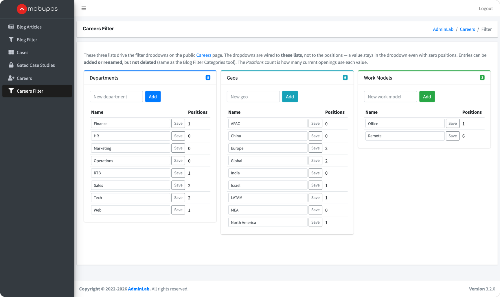 The careers filter in the admin panel
